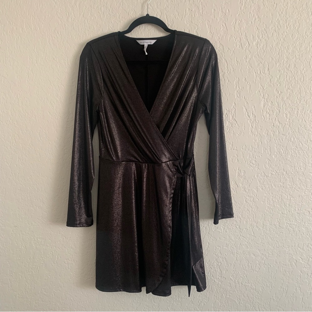 BCBGeneration Black Metallic Long
Sleeve Faux Wrap Dress